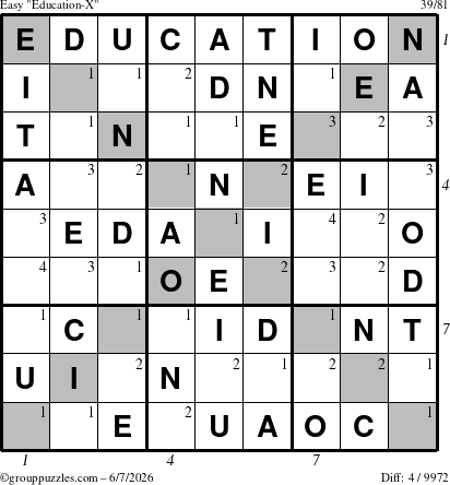 The grouppuzzles.com Easy Education-X puzzle for Sunday June 7, 2026 with all 4 steps marked