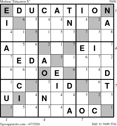 The grouppuzzles.com Medium Education-X puzzle for Sunday June 7, 2026, suitable for printing, with all 8 steps marked