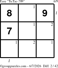 The grouppuzzles.com Easy TicTac-789 puzzle for Sunday June 7, 2026, suitable for printing, with all 2 steps marked