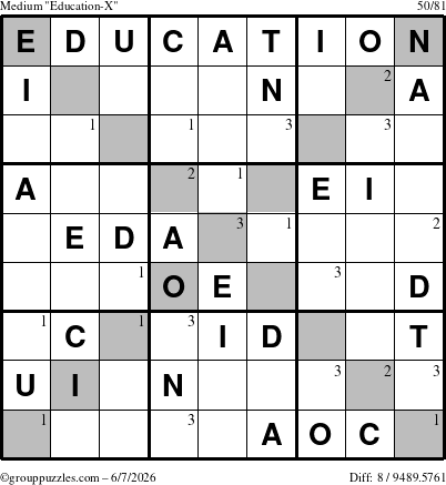 The grouppuzzles.com Medium Education-X puzzle for Sunday June 7, 2026 with the first 3 steps marked
