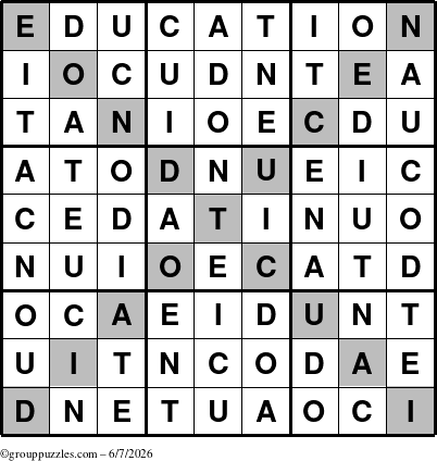 The grouppuzzles.com Answer grid for the Education-X puzzle for Sunday June 7, 2026