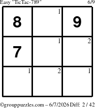 The grouppuzzles.com Easy TicTac-789 puzzle for Sunday June 7, 2026 with the first 2 steps marked