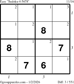 The grouppuzzles.com Easy Sudoku-4-5678 puzzle for Friday January 2, 2026, suitable for printing, with all 3 steps marked