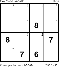 The grouppuzzles.com Easy Sudoku-4-5678 puzzle for Friday January 2, 2026 with the first 3 steps marked