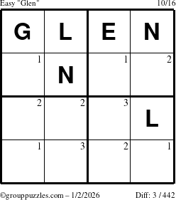 The grouppuzzles.com Easy Glen puzzle for Friday January 2, 2026 with the first 3 steps marked
