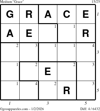 The grouppuzzles.com Medium Grace puzzle for Friday January 2, 2026, suitable for printing, with all 4 steps marked