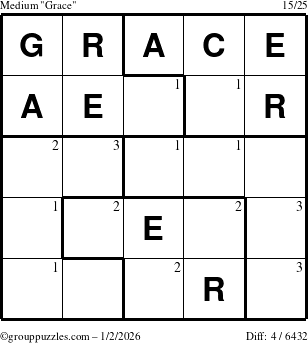 The grouppuzzles.com Medium Grace puzzle for Friday January 2, 2026 with the first 3 steps marked