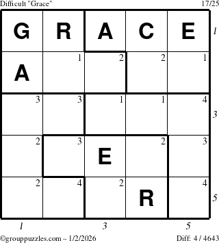 The grouppuzzles.com Difficult Grace puzzle for Friday January 2, 2026, suitable for printing, with all 4 steps marked