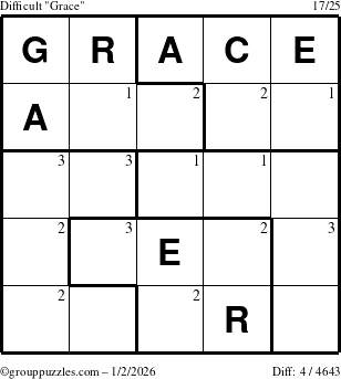 The grouppuzzles.com Difficult Grace puzzle for Friday January 2, 2026 with the first 3 steps marked