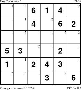 The grouppuzzles.com Easy Sudoku-6up puzzle for Friday January 2, 2026 with the first 3 steps marked