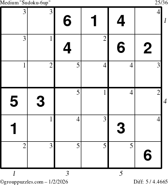 The grouppuzzles.com Medium Sudoku-6up puzzle for Friday January 2, 2026, suitable for printing, with all 5 steps marked