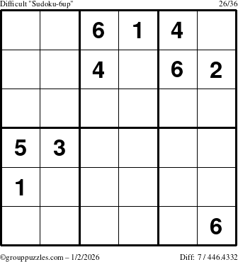 The grouppuzzles.com Difficult Sudoku-6up puzzle for Friday January 2, 2026