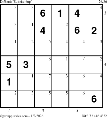 The grouppuzzles.com Difficult Sudoku-6up puzzle for Friday January 2, 2026, suitable for printing, with all 7 steps marked