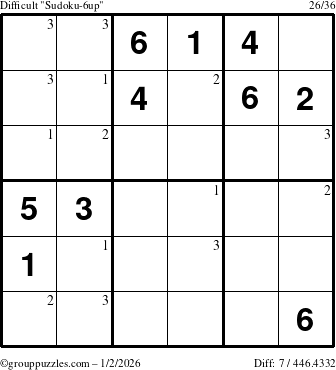 The grouppuzzles.com Difficult Sudoku-6up puzzle for Friday January 2, 2026 with the first 3 steps marked