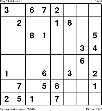 The grouppuzzles.com Easy Sudoku-8up puzzle for Friday January 2, 2026