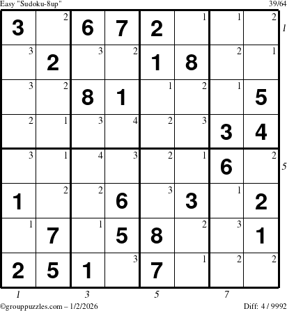 The grouppuzzles.com Easy Sudoku-8up puzzle for Friday January 2, 2026 with all 4 steps marked