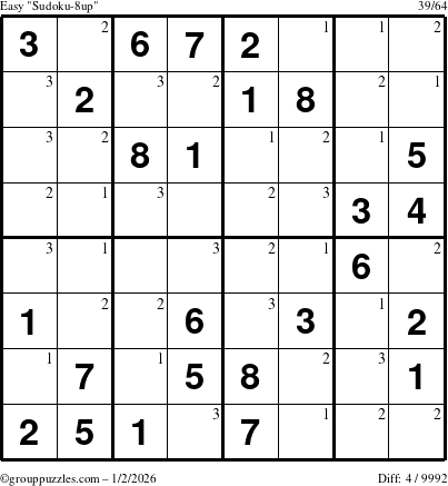 The grouppuzzles.com Easy Sudoku-8up puzzle for Friday January 2, 2026 with the first 3 steps marked