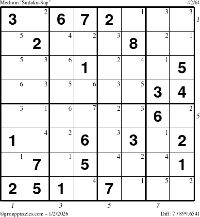 The grouppuzzles.com Medium Sudoku-8up puzzle for Friday January 2, 2026, suitable for printing, with all 7 steps marked