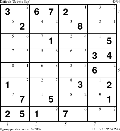 The grouppuzzles.com Difficult Sudoku-8up puzzle for Friday January 2, 2026, suitable for printing, with all 9 steps marked