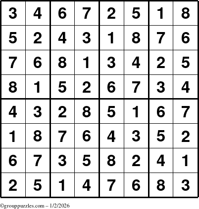 The grouppuzzles.com Answer grid for the Sudoku-8up puzzle for Friday January 2, 2026