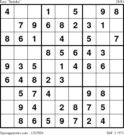 The grouppuzzles.com Easy Sudoku puzzle for Friday January 2, 2026