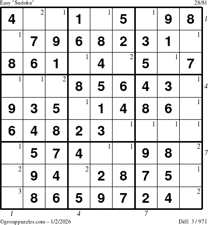 The grouppuzzles.com Easy Sudoku puzzle for Friday January 2, 2026, suitable for printing, with all 3 steps marked