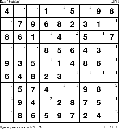 The grouppuzzles.com Easy Sudoku puzzle for Friday January 2, 2026 with the first 3 steps marked