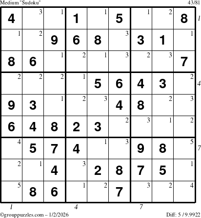 The grouppuzzles.com Medium Sudoku puzzle for Friday January 2, 2026, suitable for printing, with all 5 steps marked