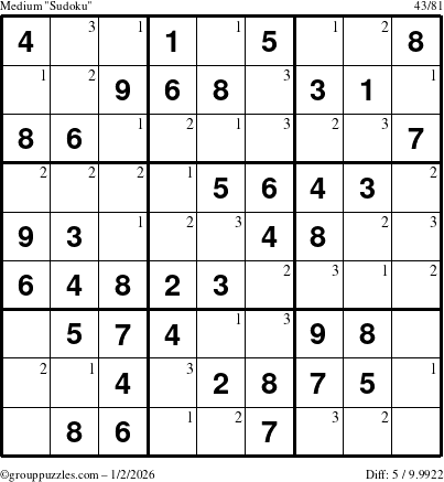 The grouppuzzles.com Medium Sudoku puzzle for Friday January 2, 2026 with the first 3 steps marked