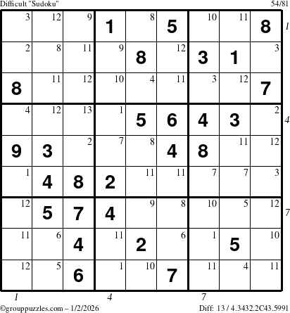 The grouppuzzles.com Difficult Sudoku puzzle for Friday January 2, 2026 with all 13 steps marked
