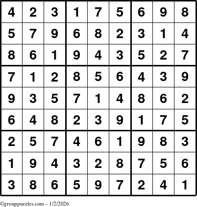 The grouppuzzles.com Answer grid for the Sudoku puzzle for Friday January 2, 2026
