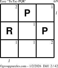 The grouppuzzles.com Easy TicTac-PQR puzzle for Friday January 2, 2026, suitable for printing, with all 2 steps marked