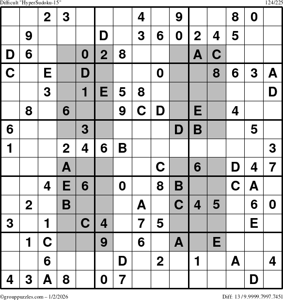 The grouppuzzles.com Difficult HyperSudoku-15 puzzle for Friday January 2, 2026