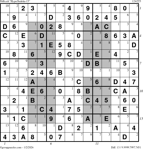 The grouppuzzles.com Difficult HyperSudoku-15 puzzle for Friday January 2, 2026 with all 13 steps marked
