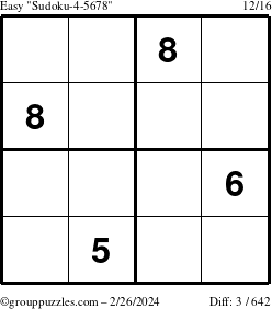 The grouppuzzles.com Easy Sudoku-4-5678 puzzle for Monday February 26, 2024
