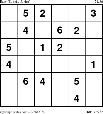 The grouppuzzles.com Easy Sudoku-Junior puzzle for Monday February 26, 2024