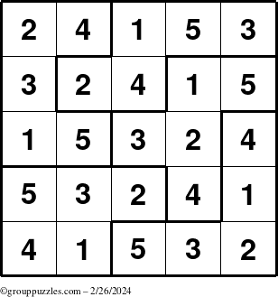 The grouppuzzles.com Answer grid for the Sudoku-5B puzzle for Monday February 26, 2024