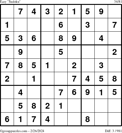 The grouppuzzles.com Easy Sudoku puzzle for Monday February 26, 2024