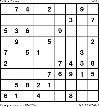 The grouppuzzles.com Medium Sudoku puzzle for Monday February 26, 2024