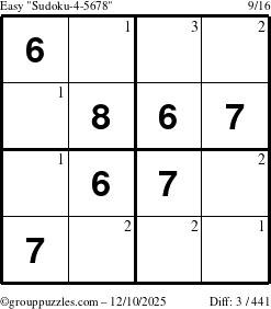 The grouppuzzles.com Easy Sudoku-4-5678 puzzle for Wednesday December 10, 2025 with the first 3 steps marked