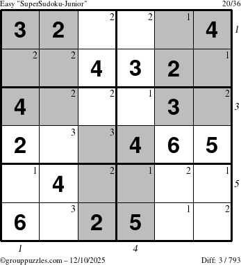 The grouppuzzles.com Easy SuperSudoku-Junior puzzle for Wednesday December 10, 2025, suitable for printing, with all 3 steps marked