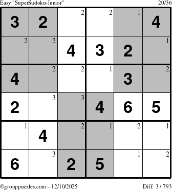 The grouppuzzles.com Easy SuperSudoku-Junior puzzle for Wednesday December 10, 2025 with the first 3 steps marked