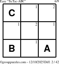 The grouppuzzles.com Easy TicTac-ABC puzzle for Wednesday December 10, 2025 with the first 2 steps marked