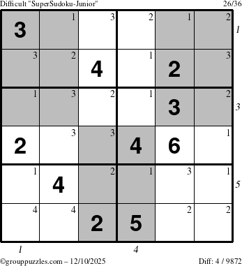 The grouppuzzles.com Difficult SuperSudoku-Junior puzzle for Wednesday December 10, 2025, suitable for printing, with all 4 steps marked