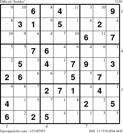 The grouppuzzles.com Difficult Sudoku puzzle for Wednesday December 10, 2025 with all 11 steps marked