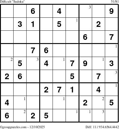 The grouppuzzles.com Difficult Sudoku puzzle for Wednesday December 10, 2025 with the first 3 steps marked