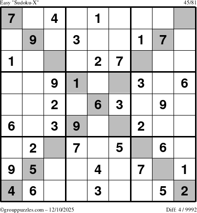 The grouppuzzles.com Easy Sudoku-X puzzle for Wednesday December 10, 2025
