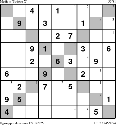 The grouppuzzles.com Medium Sudoku-X puzzle for Wednesday December 10, 2025 with the first 3 steps marked