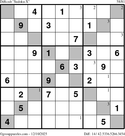 The grouppuzzles.com Difficult Sudoku-X puzzle for Wednesday December 10, 2025 with the first 3 steps marked