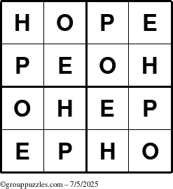 The grouppuzzles.com Answer grid for the Hope puzzle for Saturday July 5, 2025